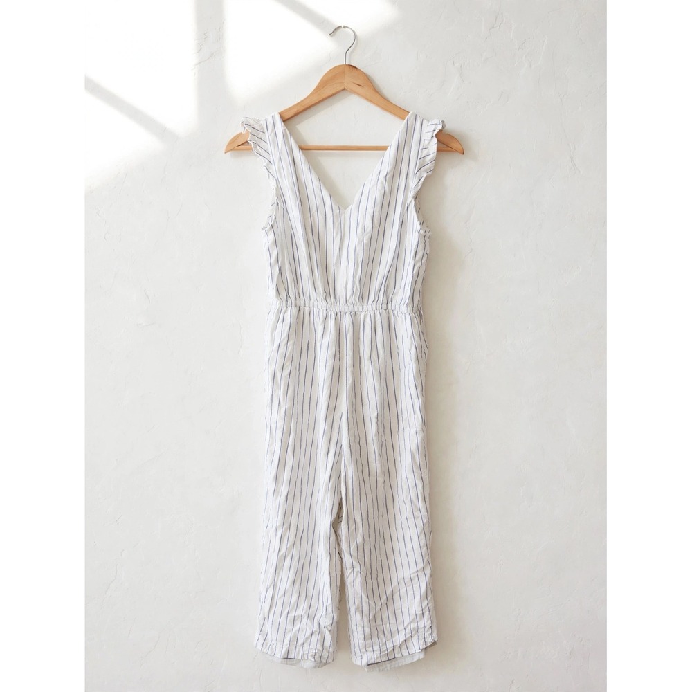 Old Navy Womens Blue White Striped Ruffle Sleeveless V-Neck Jumpsuit Size M‎